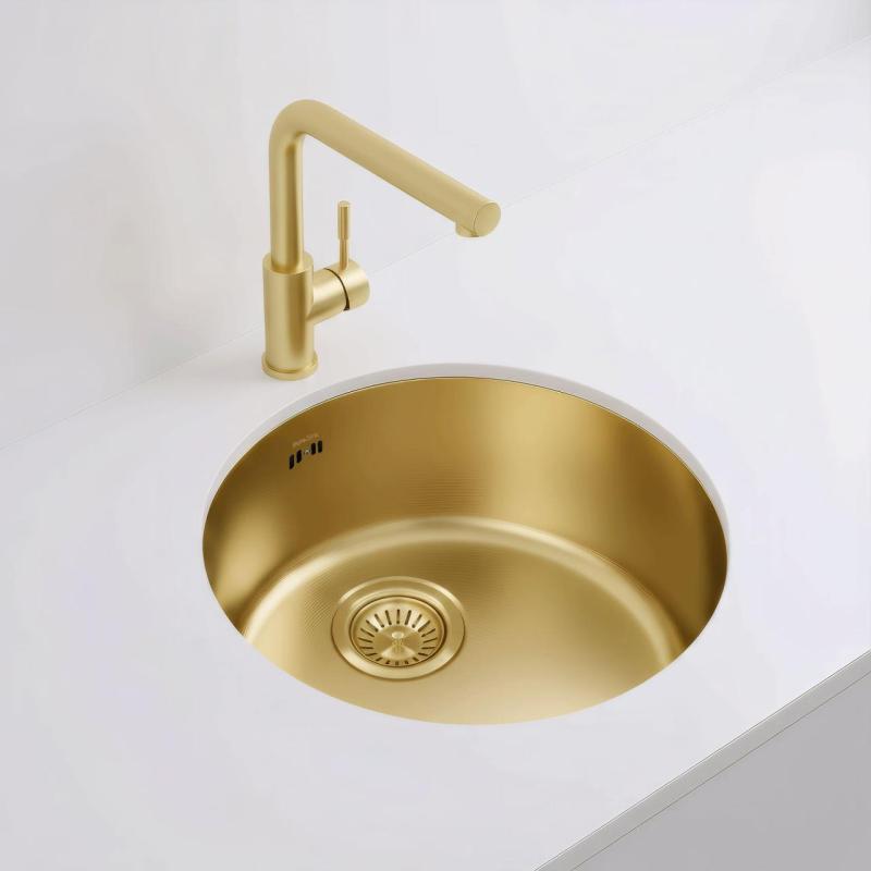 Pure.Sink Rondo Doré Évier rond à encastrer, sous-comptoir et en saillie 38 cm PRN38-60