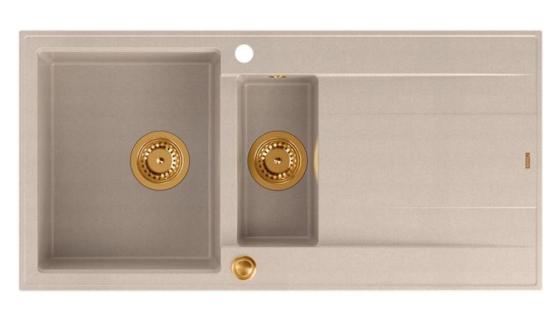 Quadri Luton pearl beige granit monté 1,5 évier avec égouttoir réversible 100x50cm avec bouchon en cuivre 1208971792
