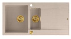 Quadri Luton perle beige granit montage 1,5 évier avec égouttoir réversible 100x50cm avec bouchon doré 1208971793