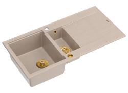 Quadri Luton perle beige granit montage 1,5 évier avec égouttoir réversible 100x50cm avec bouchon doré 1208971793