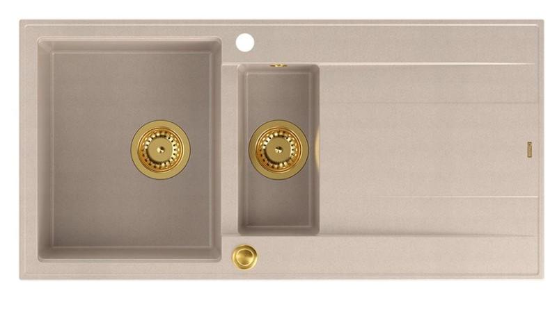 Quadri Luton perle beige granit montage 1,5 évier avec égouttoir réversible 100x50cm avec bouchon doré 1208971793