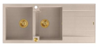 Quadri Luton construction double évier en granit beige perle avec égouttoir 116x50 cm avec bouchon doré 1208971809