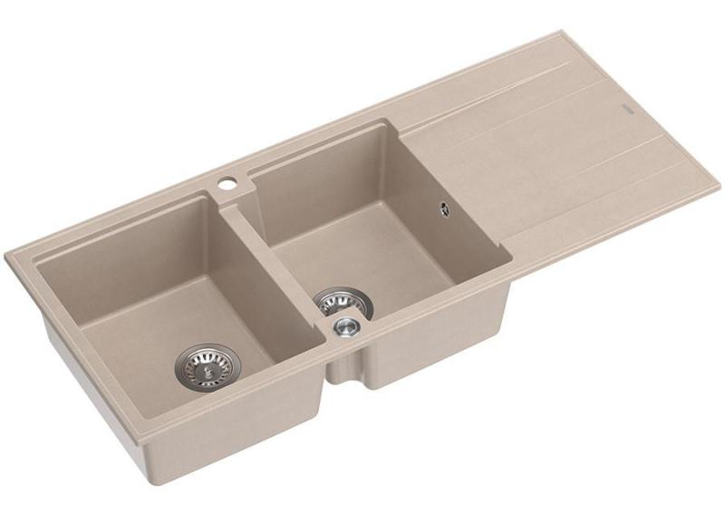 Quadri Luton construction double évier en granit perle beige avec égouttoir 116x50 cm avec bouchon en acier inoxydable 1208971812