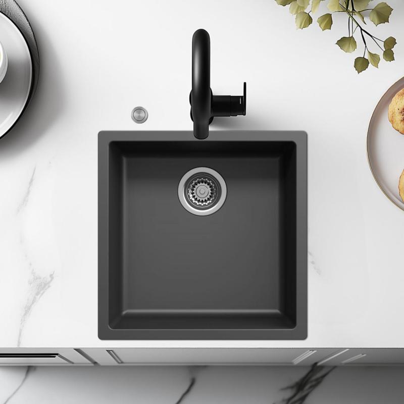 Évier Ausmann Fibre noir 40x40cm pour montage sous plan, sur plan et encastré avec bouchon automatique en acier inoxydable 1208971836