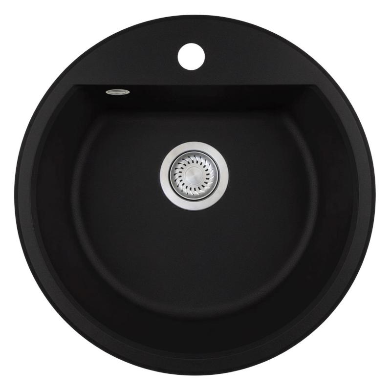 GraniteMy Bremen évier rond en granit de 43 cm noir, encastrable et sous-meuble, avec trou de robinet et bouchon automatique en acier inoxydable 1208971840