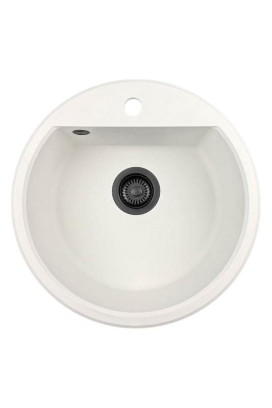 GraniteMy Bremen évier rond en granit de 43 cm blanc, à poser et encastrable, avec trou pour robinet et bouchon automatique noir 1208971846