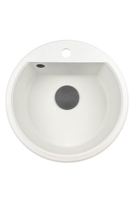 GraniteMy Bremen évier rond en granit de 43 cm blanc, à poser et encastrable, avec trou pour robinet et bouchon automatique noir 1208971846