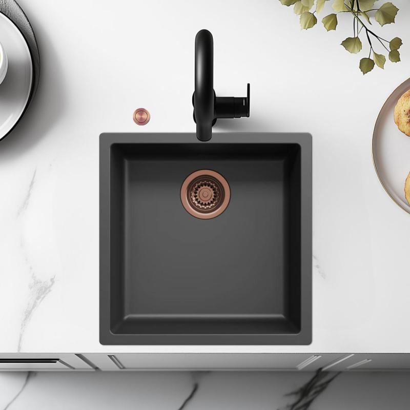 Évier Ausmann Fibre noir 40x40cm sous-plan, à poser et à encastrer avec bouchon automatique en cuivre 1208971852
