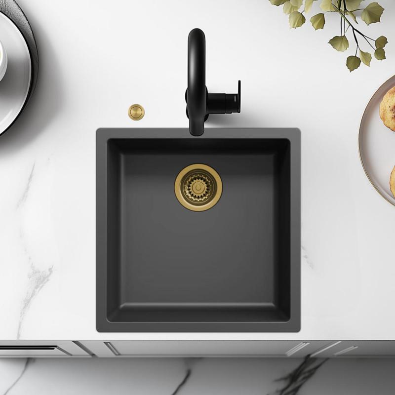 Évier Ausmann Fibre noir 40x40cm encastré, à poser et à fleur avec bouchon automatique doré 1208971853