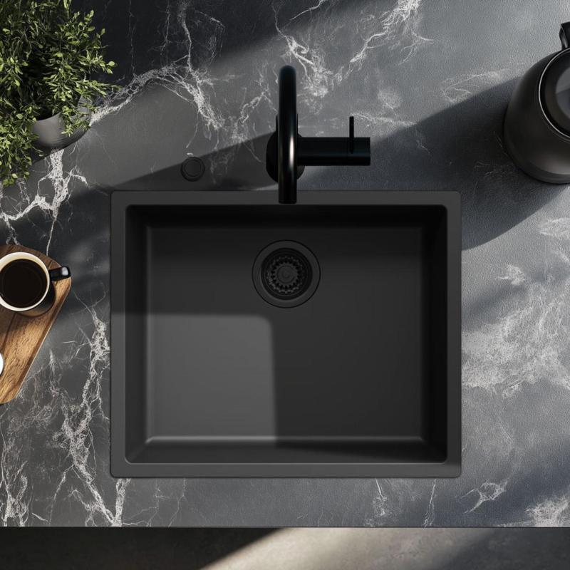 Évier Ausmann Fibre noir 50x40cm pour sous-plan, sur plan et à fleur avec bouchon automatique noir 1208971856