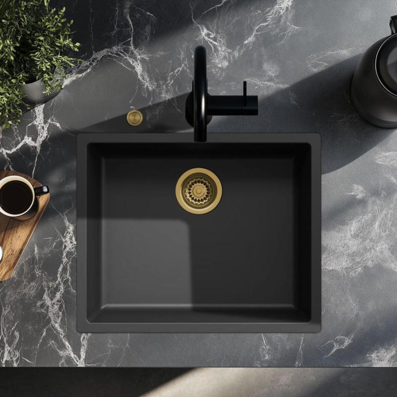 Évier Ausmann Fibre noir 50x40cm encastré, à poser et à fleur avec bouchon automatique doré 1208971859