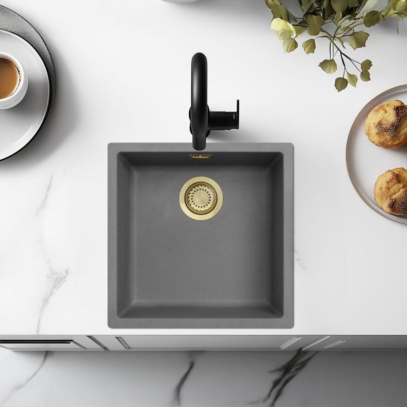 Ausmann Fibre évier en béton gris 40x40cm sous plan, encastré et à fleur avec bouchon doré 1208971881