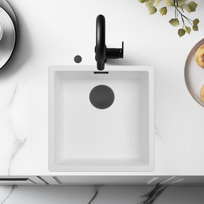 Évier Ausmann Fibre blanc 40x40cm sous plan, à poser et à encastrer avec bouchon automatique noir 1208971892