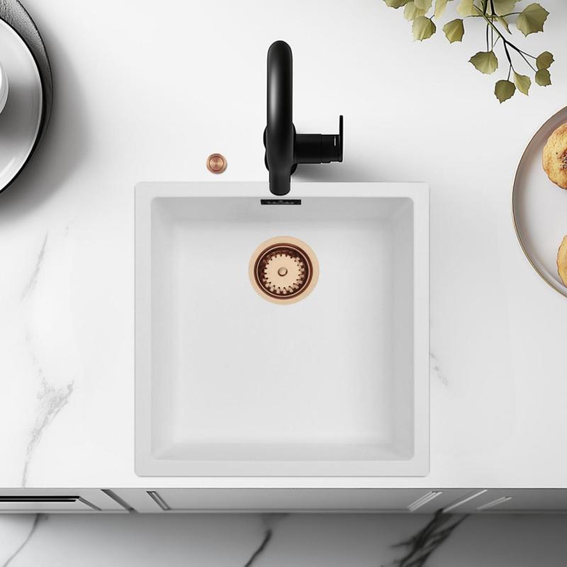 Évier en fibre Ausmann blanc 40x40cm à encastrer, à poser et à fleur avec bouchon automatique en cuivre 1208971893