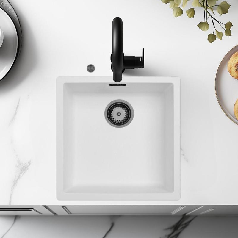 Ausmann Fibre évier blanc 40x40cm encastré, suspendu et à fleur avec bouchon automatique en métal de canon 1208971895