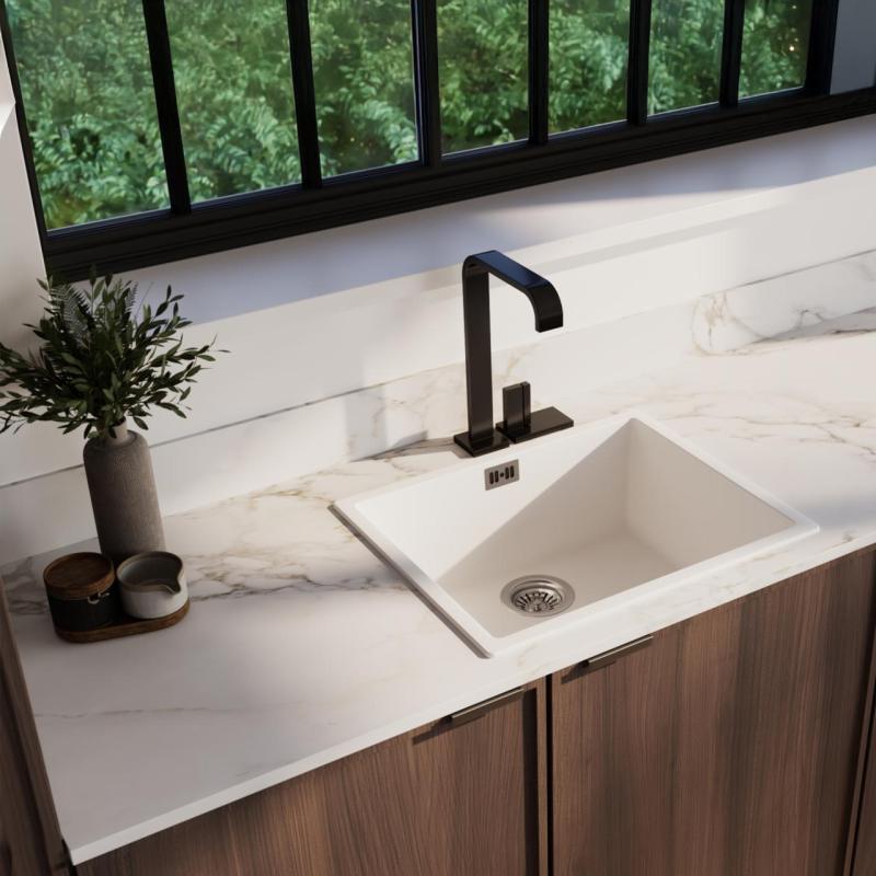 Évier Ausmann Fibre blanc 50x40cm sous plan, à poser et à encastrer avec bouchon automatique en inox 1208971898