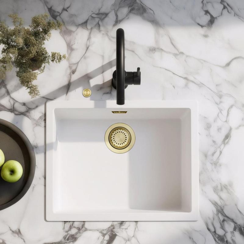 Évier Ausmann Fibre blanc 50x40cm sous-plan, à poser et à fleur avec bouchon automatique doré 1208971901