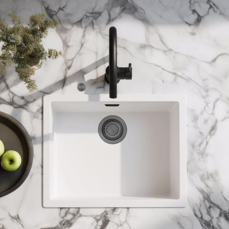 Évier Ausmann Fibre blanc 50x40cm encastré, surélevé et à fleur avec bouchon automatique en métal vieilli 1208971902