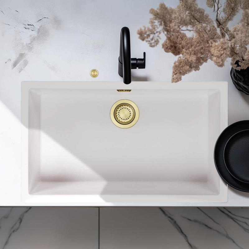 Ausmann Fibre blanc grand évier 70x40cm sous-comptoir, monté et encastré avec bouchon doré automatique 1208971907