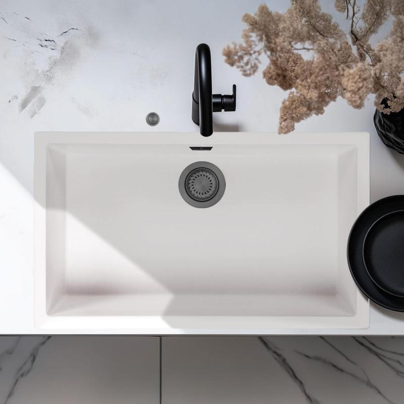 Ausmann Fibre blanc grand évier 70x40cm sous-meuble, sur-meuble et encastré avec bouchon automatique en métal couleur canon de fusil 1208971908