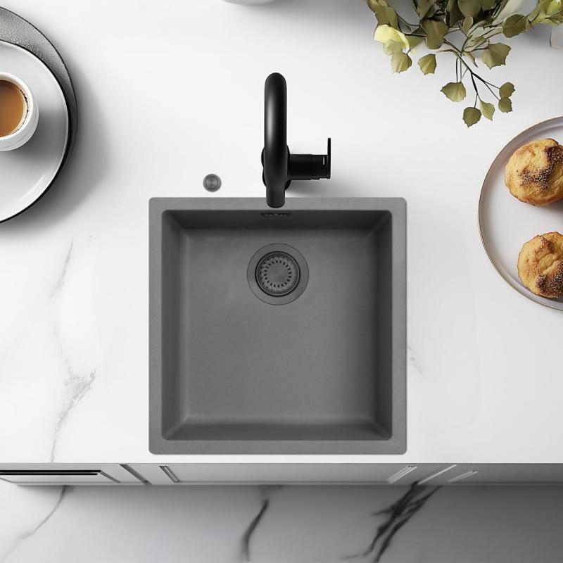 Évier en fibre de béton Ausmann gris 40x40cm sous plan, encastré et à fleur avec bouchon automatique en métal couleur canon de fusil 1208971914