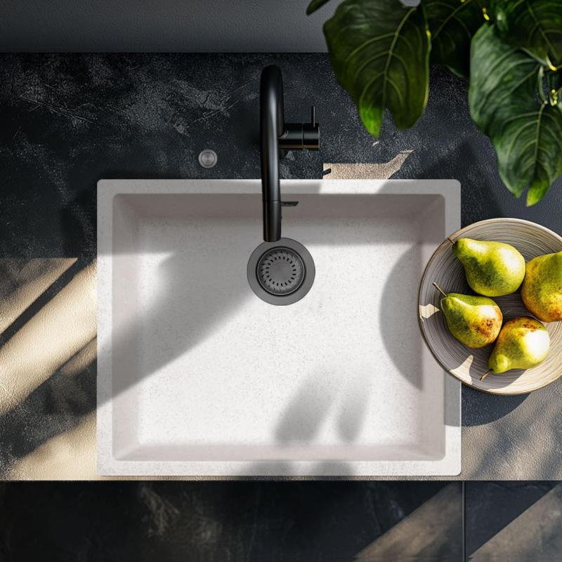 Évier Ausmann Fibre en sable blanc 50x40cm sous plan, à poser et à encastrer avec bouchon automatique en métal couleur canon de fusil 1208971934