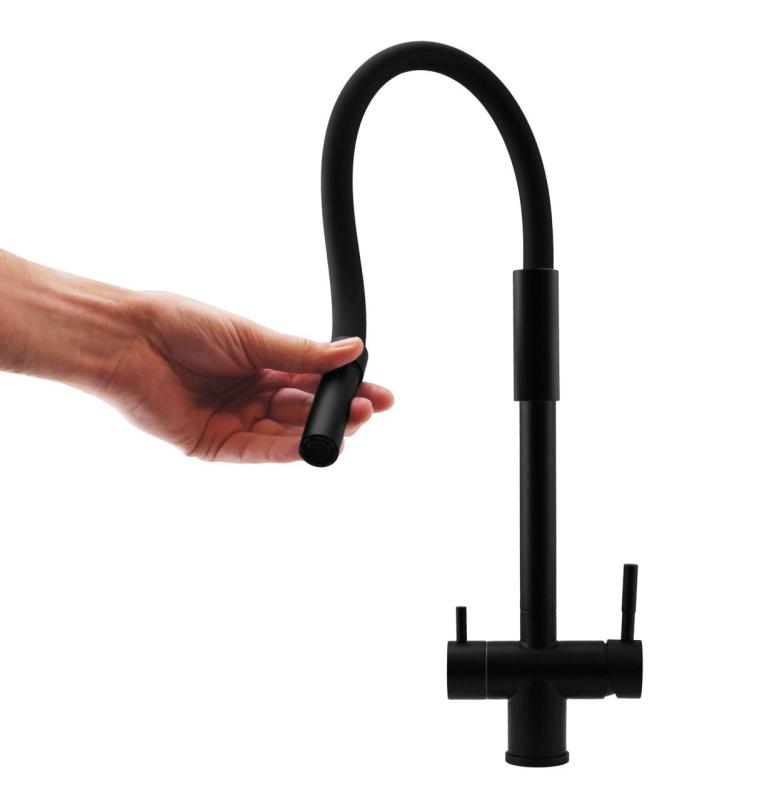 Pure.Sink Elite Steel Flex Robinet de cuisine 3 voies en acier noir mat avec bec flexible et eau filtrée PS8110-10