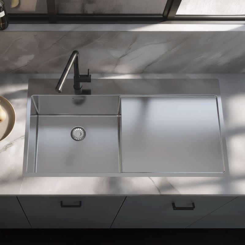 Pure.Sink Exclusivo Évier en acier inoxydable avec égouttoir 100 x 52 cm Robinet à levier gauche PEX47100LT-02
