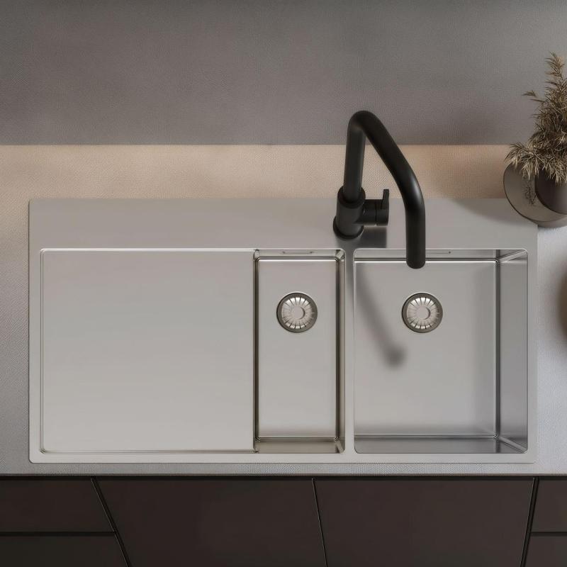 Pure.Sink Exclusivo Évier en acier inoxydable 1,5  avec égouttoir 100 x 52 cm Robinet à levier droit PEX3418100RT-02