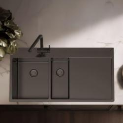 Pure.Sink Exclusivo Évier Gun metal 1,5  avec égouttoir 100 x 52 cm Robinet à levier gauche PEX3418100LT-61