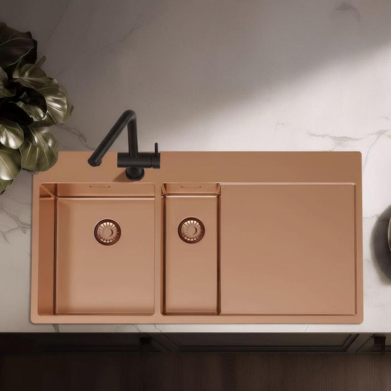 Pure.Sink Exclusivo Évier en cuivre 1,5  avec égouttoir 100 x 52 cm Robinet à levier gauche PEX3418100LT-62