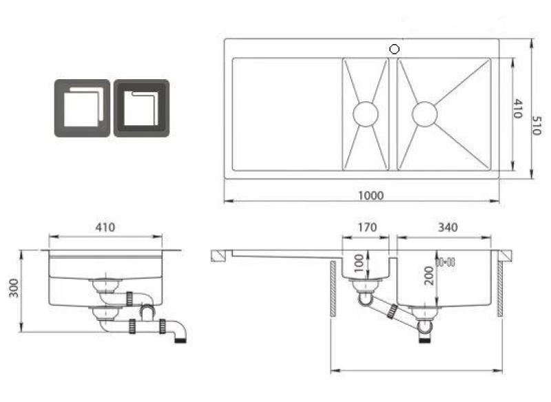 OUTLET Ausmann Oder Blue 1.5 évier en inox 100x51cm à fleur de plan et en surface avec égouttoir 1208957127
