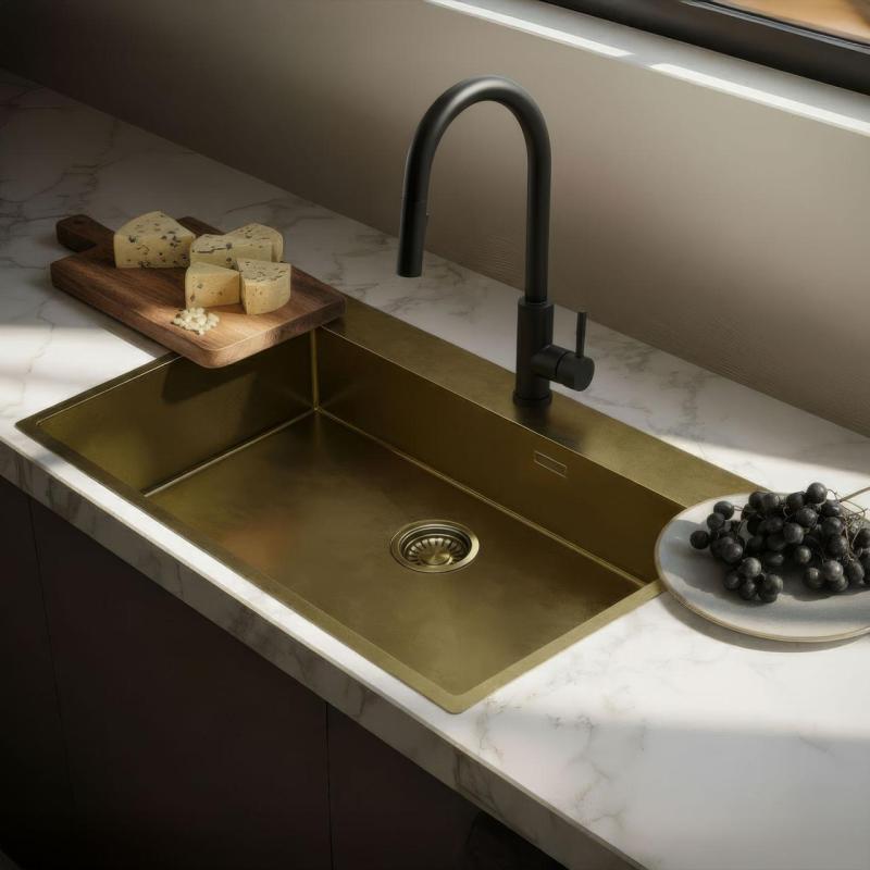 Pure.Sink Luxion Grand évier PVD antique en bronze 78 x 50 cm Tapwing avec banc de robinetterie et étagère inférieure PLX7850T-64