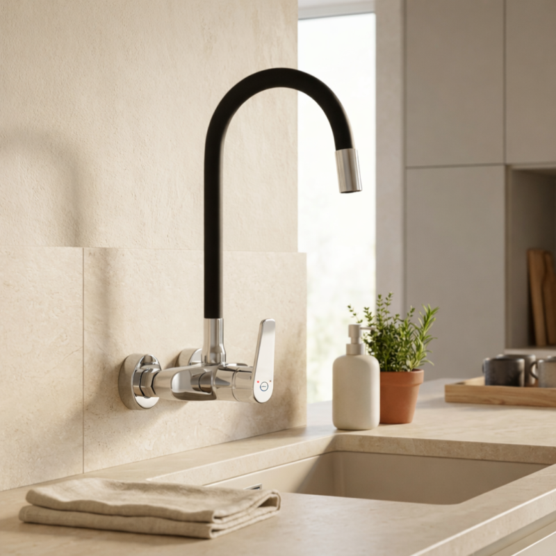 Aquanello Casa Robinet mural de cuisine chromé avec bec flexible haut CR-1301-CS