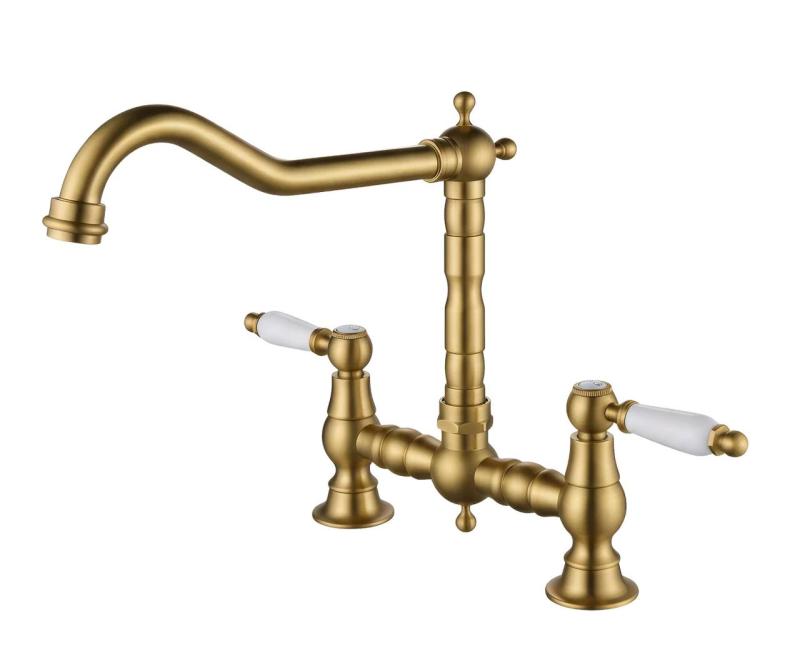 Aquanello Heritage Manor Robinet de cuisine classique de style rétro, pont, bronze avec poignée blanche BN-0010-HM