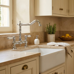 Aquanello Heritage Manor Robinet de cuisine classique Nostalgic Bridge en chrome avec levier blanc CR-0010-HM