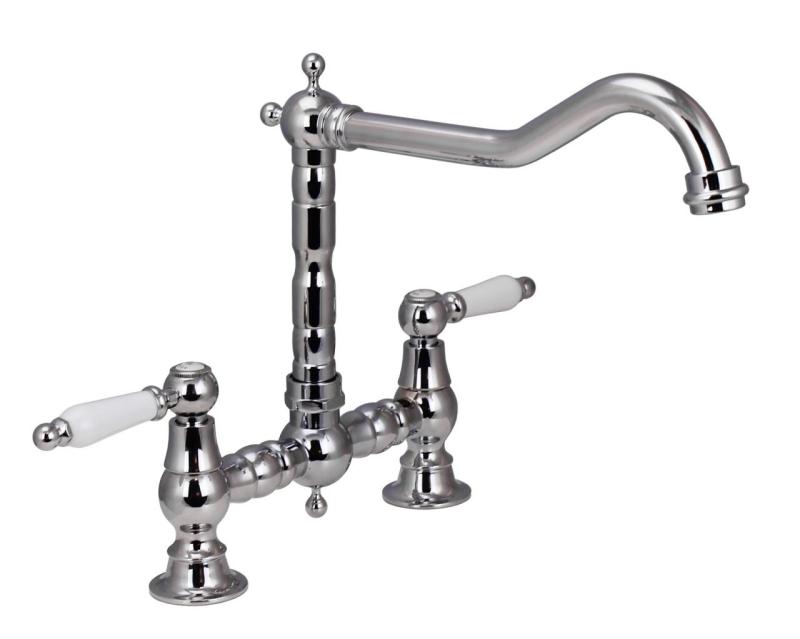 Aquanello Heritage Manor Robinet de cuisine classique Nostalgic Bridge en chrome avec levier blanc CR-0010-HM