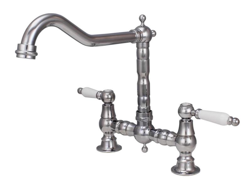 Aquanello Heritage Manor Robinet de cuisine classique Nostalgic Bridge en chrome avec levier blanc CR-0010-HM