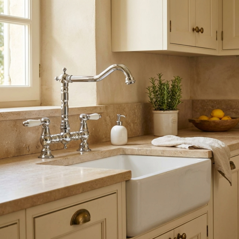 Aquanello Heritage Manor Robinet de cuisine classique Nostalgic Bridge en chrome avec levier blanc CR-0010-HM