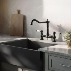 Aquanello Heritage Manor Robinet de cuisine classique de style rétro, noir avec poignée blanche BL-0010-HM