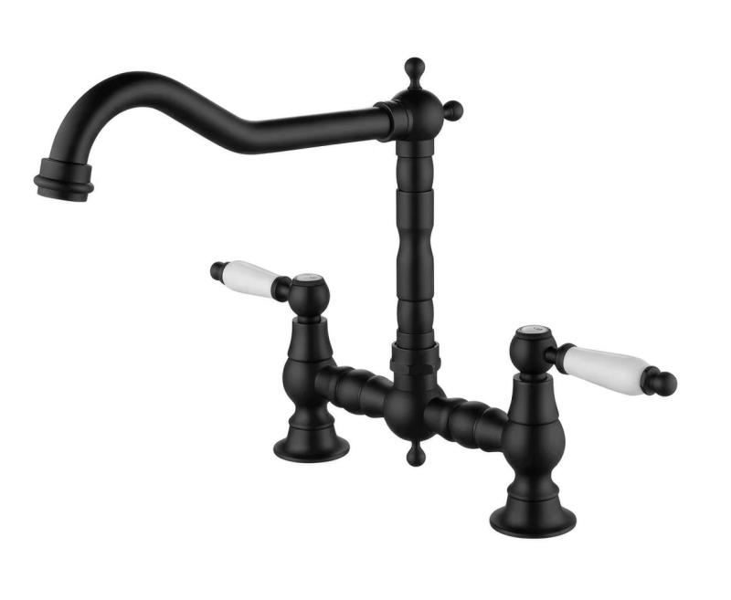 Aquanello Heritage Manor Robinet de cuisine classique de style rétro, noir avec poignée blanche BL-0010-HM