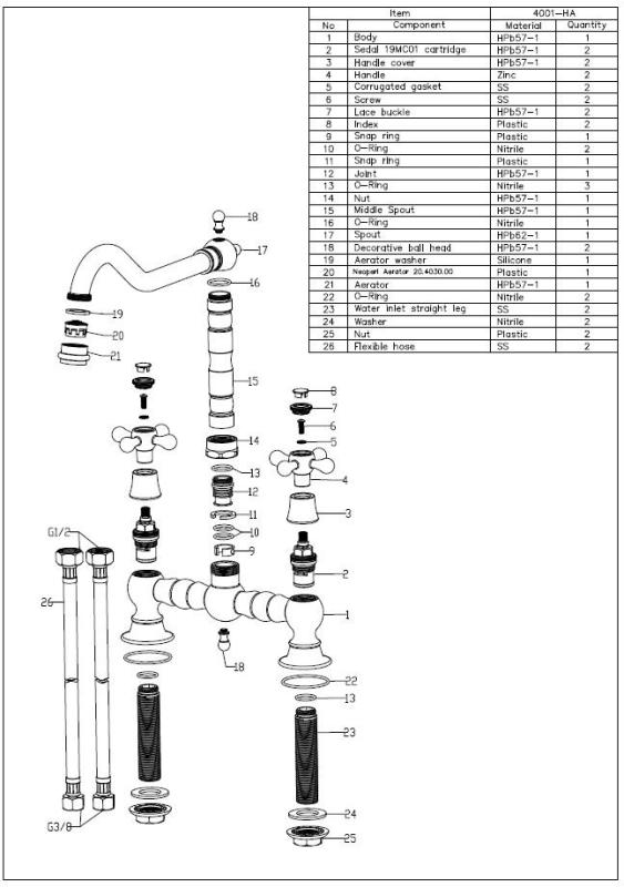 Aquanello Heritage Ascot Robinet de cuisine classique de style rétro, noir avec poignées en croix BL-4001-HA