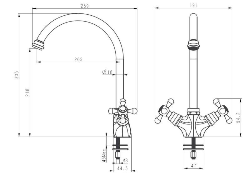Aquanello Heritage Ascot Robinet de cuisine classique et nostalgique en chrome avec bec rond CR-4003-HA