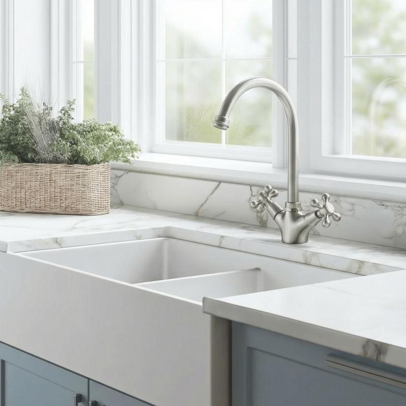 Aquanello Heritage Ascot Robinet de cuisine classique et nostalgique en acier inoxydable avec bec rond NB-4003-HA