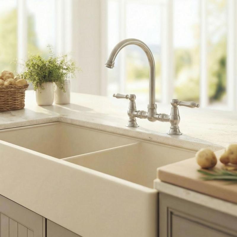 Aquanello Heritage Manor Robinet de cuisine classique de style rétro, chromé, avec poignée blanche et bec rond CR-0011-HM