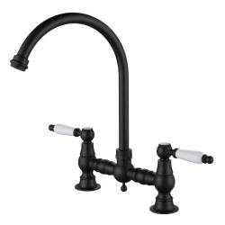 Aquanello Heritage Manor Robinet de cuisine classique de style rétro, noir avec poignée blanche et bec rond BL-0011-HM
