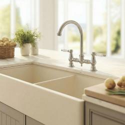 Aquanello Heritage Manor Robinet de cuisine classique Nostalgic Bridge en acier inoxydable avec levier blanc et bec rond NB-0011-HM