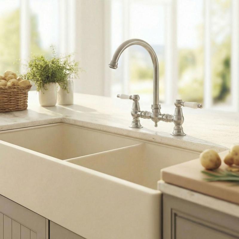 Aquanello Heritage Manor Robinet de cuisine classique Nostalgic Bridge en acier inoxydable avec levier blanc et bec rond NB-0011-HM