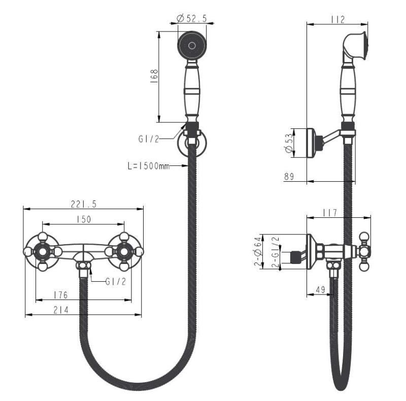 Aquanello Heritage Ascot Ensemble de robinetterie de douche classique avec boutons étoile en bronze, douchette à main incluse BN-2002-HA