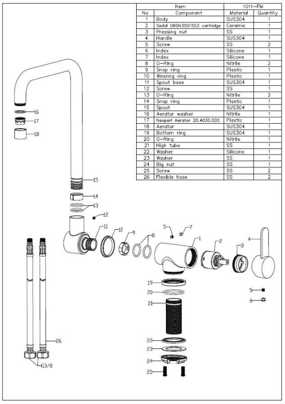 Aquanello Forma Robinet de cuisine à bec rabattable en acier inoxydable massif SS-1011-FM